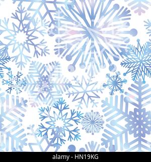 Snow background. Snowflakes texture. Blue snow falling on white background gentle seamless pattern. Christmas ornament. Stock Vector