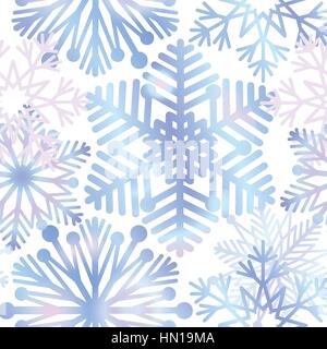 Snow background. Snowflakes texture. Blue snow falling on white background gentle seamless pattern. Christmas ornament. Stock Vector