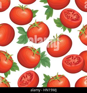 Tomato over white background. Vegetable seamless pattern. Autumn harvest tiled agriculture ornamental wallpaper. Stock Vector