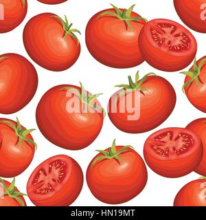 Tomato over white background. Vegetable seamless pattern. Autumn harvest tiled agriculture ornamental wallpaper. Stock Vector