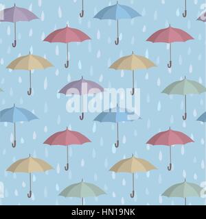 Umbrella over raindrop background. Rainstorm Seamless Pattern. Rainy weather ornament. Water drops tiled wallpaper Stock Vector