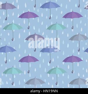 Umbrella over raindrop background. Rainstorm Seamless Pattern. Rainy weather ornament. Water drops tiled wallpaper Stock Vector