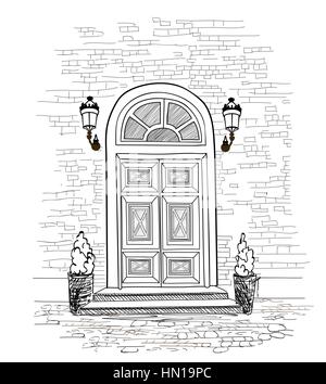 Door background. House door entrance hand drawing illustration Stock Vector
