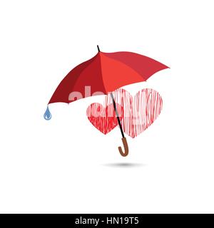 Love heart sign over rain under umbrella protection. Two hearts in love icon isolated over white background. Valentine's day greeting card design Stock Vector