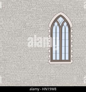 Ancient brick wall background with gothic window. Shabby brick wall sketch pattern Architectural building facade Stock Vector