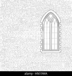 Ancient brick wall background with gothic window. Shabby brick wall sketch pattern Architectural building facade Stock Vector