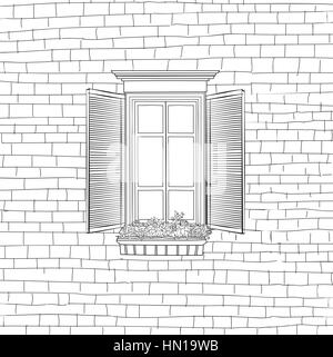 House with classical window engraving background. Shabby brick wall sketch pattern Building facade Stock Vector
