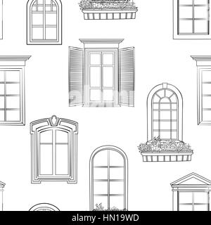 Window pattern. Different architectural style of windows doodle sketch seamless ornamental background Stock Vector