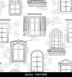 Window pattern. Different architectural style of windows doodle sketch seamless ornamental background Stock Vector