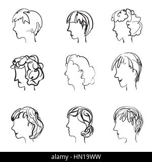 Faces profile with different expressions in retro sketch style. 9 facial expressions set Stock Vector