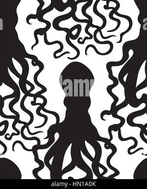 Octopus silhouette seamless pattern. Ghost halloween ornament. Marine life tiled background. Underwater seafood ornamental pattern. Stock Vector