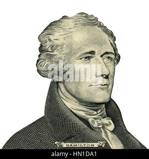 First Secretary of Treasury Alexander Hamilton. Qualitative portrait from 10 dollars banknote isolater white background. Clipping path included. Stock Photo