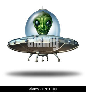 Alien in a flying saucer as a UFO visitor in a spaceship or spacecraft and extraterrestrial martian green creature inside as a symbol for the search f Stock Photo