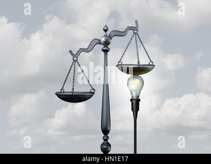 Legal ideas and creative justice concept as a bright light bulb tipping the scale of judgement as lawyer services or legislation metaphor or mediation Stock Photo