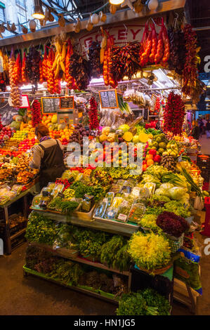 Fruit and vegtable store in Mercado de La Boqueria in La Rambla barcelona Stock Photo