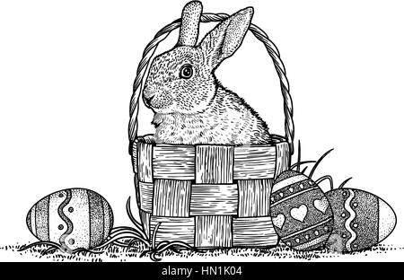 Rabbit, bunny, basket, eggs, easter illustration, drawing, engraving, line art Stock Vector