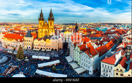 Old Town of Prague, Czech Republic. View on Tyn Church and Jan Hus Memorial on the square as seen from Old Town City Hall Stock Photo