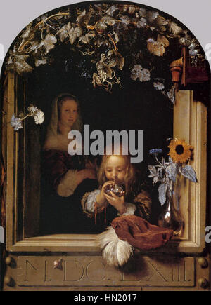 A Boy Blowing Bubbles, a 1663 oil on panel painting by Frans van Mieris I, a Dutch painter of the Dutch Golden Age. Stock Photo