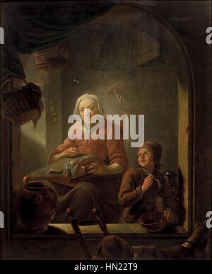 A lacemaker, with a boy blowing bubbles, a 1742 oil on panel painting by Louis de Moni, a Dutch artist. Stock Photo