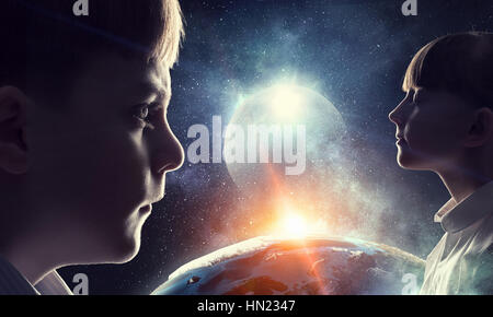 Profile image of cute girl and boy against night sky background. Elements of this image are furnished by NASA Stock Photo