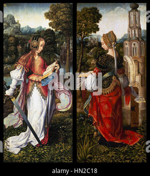 Master of Frankfurt, St Catherine, St Barbara, 1510-1520, oil on panel 158.7 x 70.8 cm (each), Mauritshuis Royal Picture Gallery, The Hague. Stock Photo