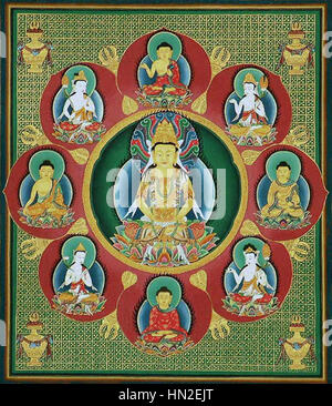 A detail from the center of a Garbhadhatu or Taizo-kai Mandala, featuring Adibuddha Vairochana surrounded by four Adibuddhas and four Bodhisattvas, in a Japanese Buddhist artwork. Stock Photo