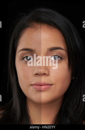 half retouched skin of woman face isolated on black Stock Photo
