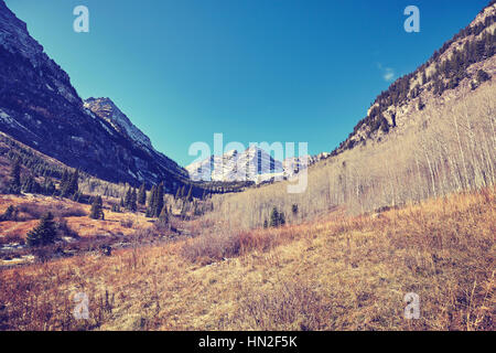 Vintage toned Maroon Bells mountain landscape, Aspen in Colorado, USA. Stock Photo