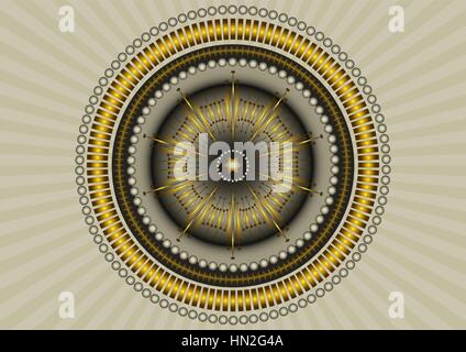 Round ornament with silver beads and gold elements on radiant beige background Stock Vector