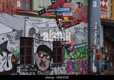 A facade of a building in Metelkova Mesto, an urban squat and autonomous social center in a former military base in the center of Ljubljana, Slovenia. Stock Photo