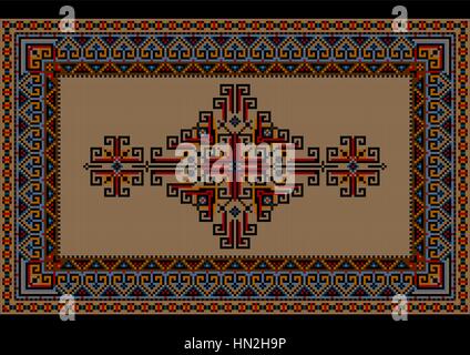 Maroon luxurious vintage oriental carpet with colored ornament by the border on black background Stock Vector