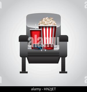 cinema chair, 3d glasses, pop corn bucket and drink icon over white background. colorful design. vector illustration Stock Vector