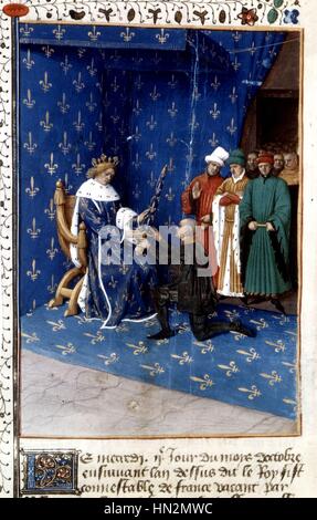 Chronicles of Saint Denis, miniature of Jean Fouquet Charles V gives Bertrand Du Guesclin the constable sword, on October 2, 1370 15th century France Stock Photo