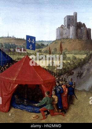 Chronicles of Saint Denis Miniature of Jean Fouquet Death of Bertrand Du Guesclin, French Constable (1315-1380), in Chateauneuf de Randon 15th century France Stock Photo