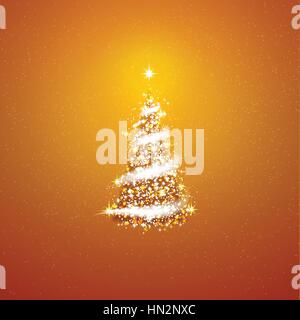 Gold Christmas tree  blizzard stars background. Stock Vector