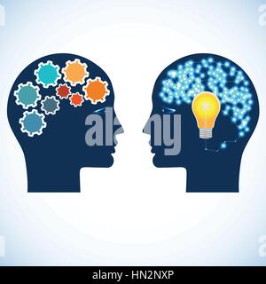 Heads of two people with gears, bulb and abstract brain for concept of idea and teamwork Stock Vector