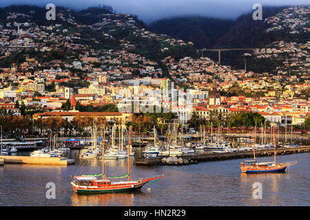 Funchal harbour and city view from the sea, Madeira Stock Photo