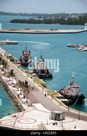 Line of Three Pilot Boats Moored in Royal Naval Dockyard Bermuda Stock Photo