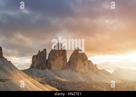 Tre Cime di Lavaredo in beautiful surroundings in the Dolomites at sunset in Italy, Europe (Drei Zinnen) Stock Photo