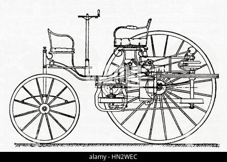 An early Benz Patent Motor Car, the first automobile (1885 – 1886).   From Meyers Lexicon, published 1927. Stock Photo
