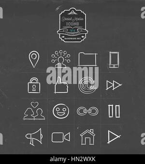 Social media hand drawn chalkboard icon collection, set of internet networking symbols. Includes phone, emoji, online dating and more. EPS10 vector. Stock Vector