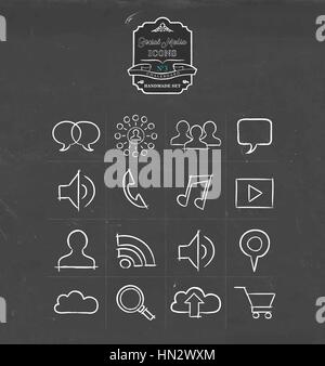 Social media hand drawn chalkboard icon collection, set of internet networking symbols. Includes wifi, music, phone, online shopping and more. EPS10 v Stock Vector