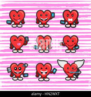 Happy valentines day set of social media emoji hearts in stitch patch style. Mood concepts for online dating, love and more. EPS10 vector. Stock Vector