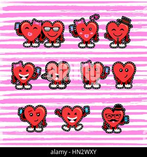 Happy valentines day set of social media emoji hearts in stitch patch style. Includes relationship icons for online dating concept, selfies and more.  Stock Vector