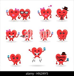 Happy valentines day set of social media emoji hearts couple. Includes relationship icons for online dating concept, selfies and more. EPS10 vector. Stock Vector