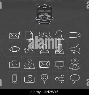 Social media hand drawn chalkboard icon collection, set of internet networking symbols. Includes phone, group chat, online dating and more. EPS10 vect Stock Vector