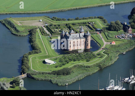 Aerial image of the Muiderslot Castle about 15 km southeast of Amsterdam in what was known as the Zuiderzee. Stock Photo