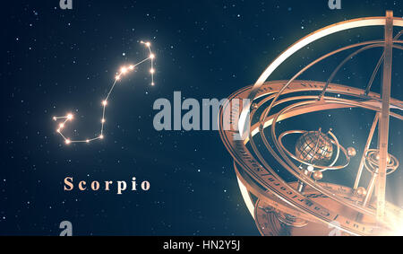 Zodiac Constellation Scorpio And Armillary Sphere Over Blue Background Stock Photo