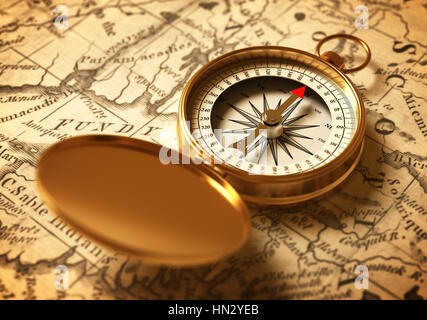 Golden Compass On Old Map Stock Photo