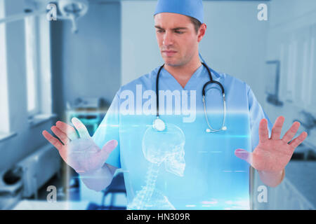 Surgeon pretending to be using futuristic digital screen against skeleton graphic on blue with lights 3d Stock Photo